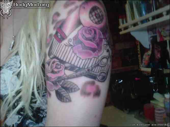 Blow Dryer With Pink Flower And Comb Tattoo
