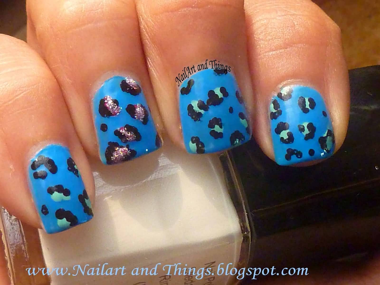 Blue And Gold Leopard Print Nail Art