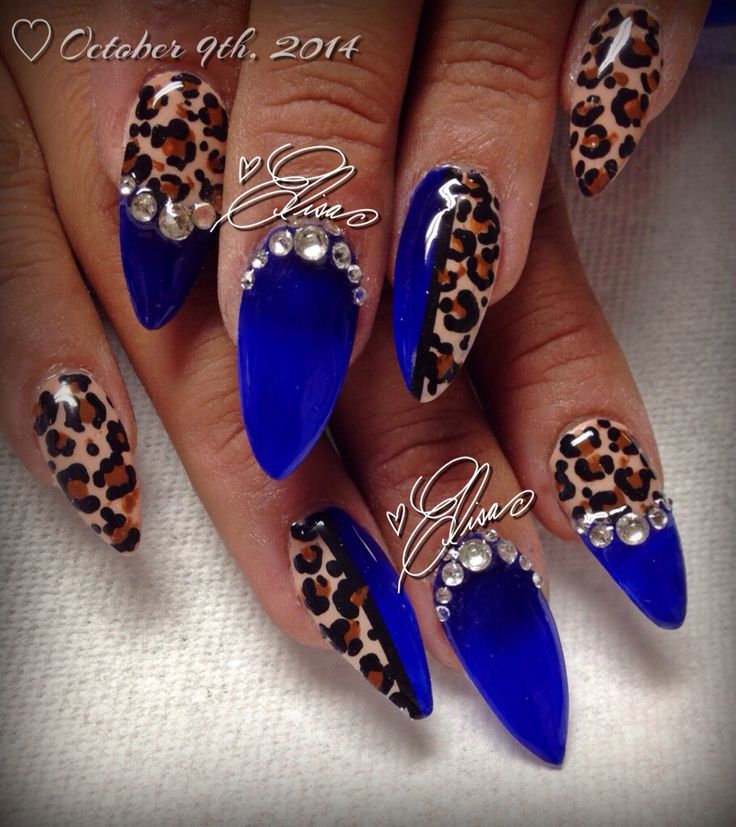 Blue And Leopard Print Almond Nail Art