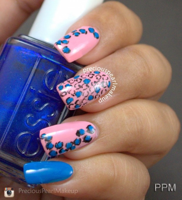 Blue And Pink Leopard Print Nail Art