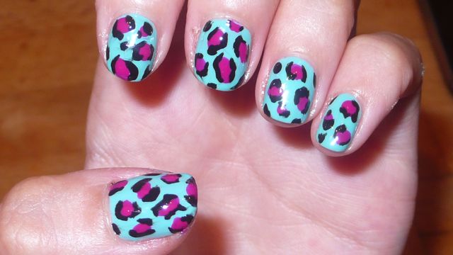 Blue And Pink Leopard Print Nail Design