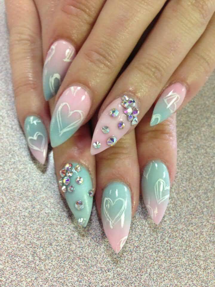 Blue And Pink Ombre Almond Shaped Acrylic Nail Art With Rhinestones Design