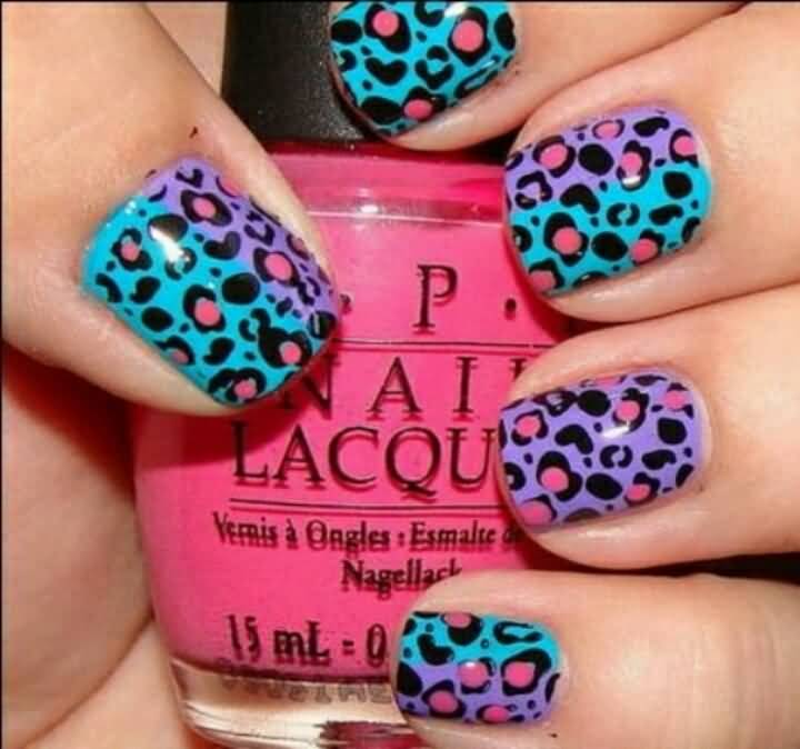 Blue And Purple Ombre Leopard Print Nail Art