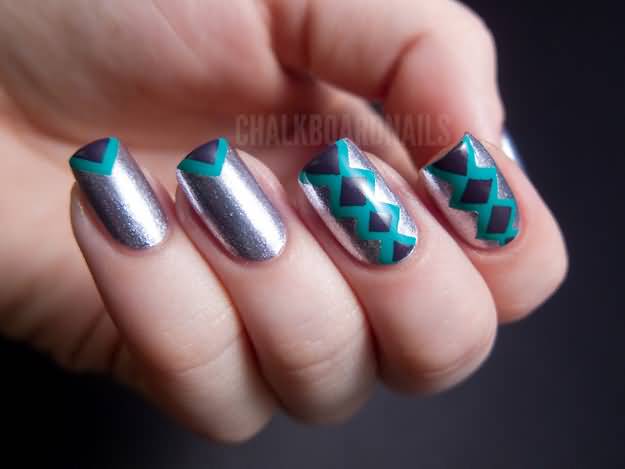 Blue And Silver Metallic Tape Nail Art