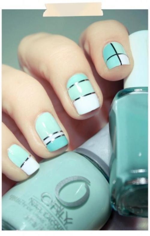 Blue And White Nails With Metallic Strip Design