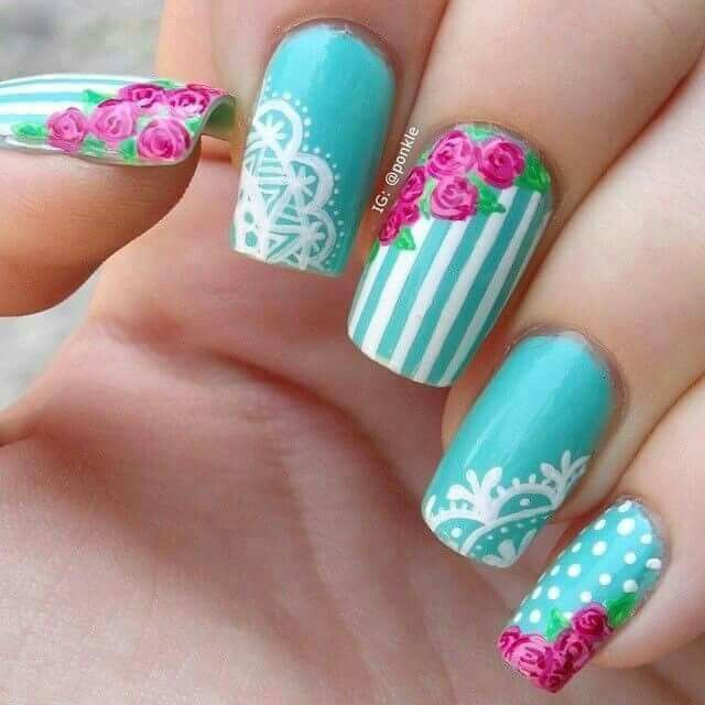 Blue And White Stripes And Lace Nail Art