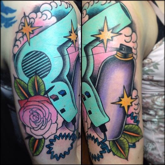 Blue Blow Dryer And Flowers And Stars Tattoo