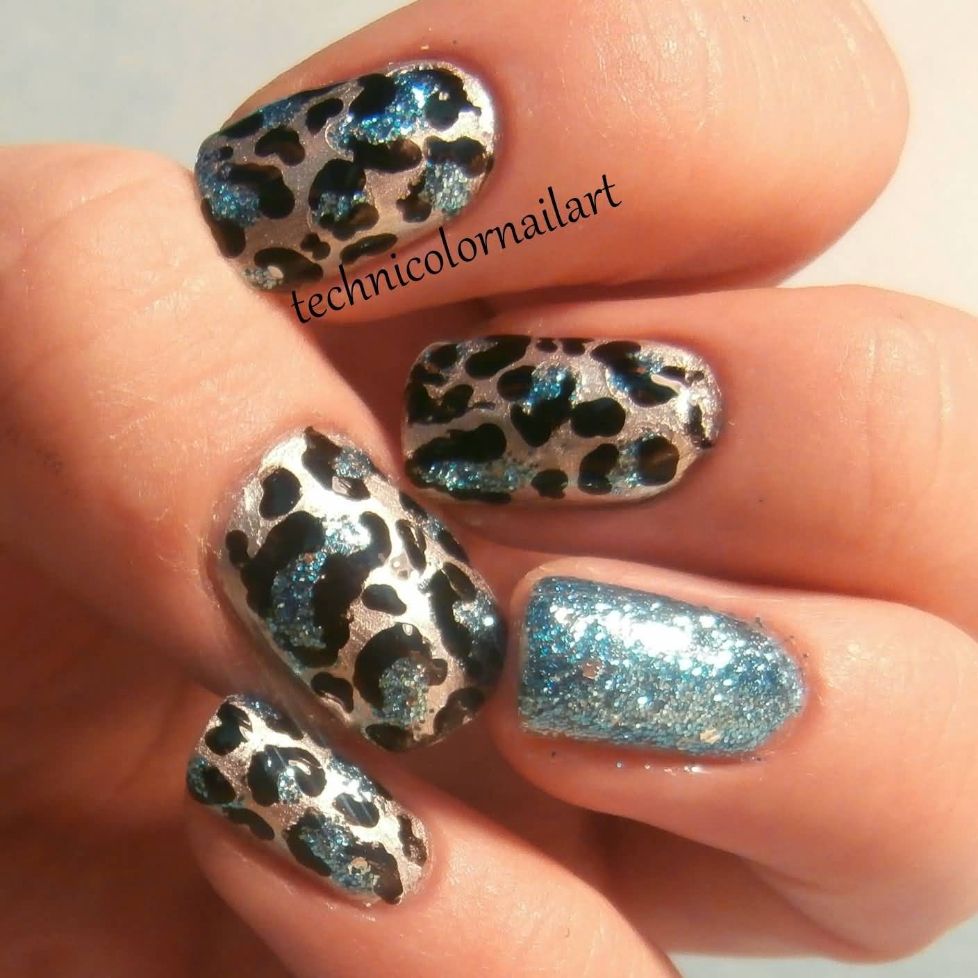 Blue Glitter Leopard Print Nail Art