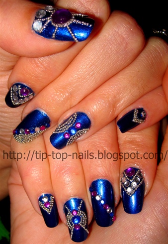 Blue Metallic Nail Art With Beads