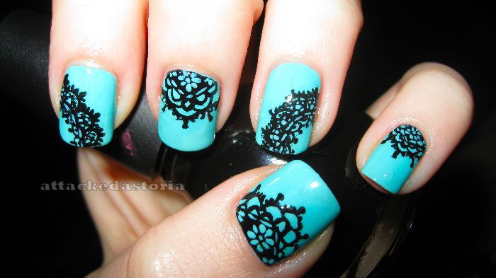 Blue Nails With Black Lace Design Nail Art
