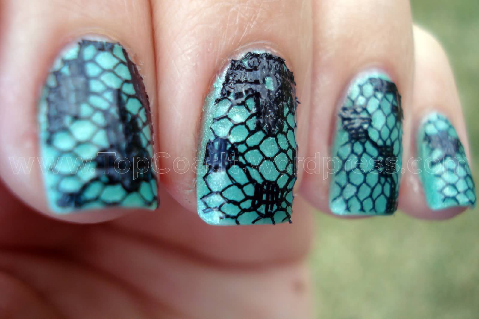 Blue Nails With Black Lace Net Design Nail Art