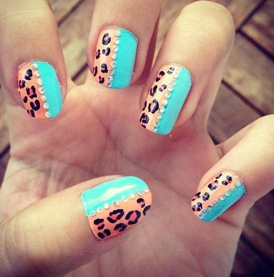 Blue Nails With Leopard Print Nail Design