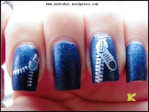 Blue Nails With Metallic Zip Design Nail Art