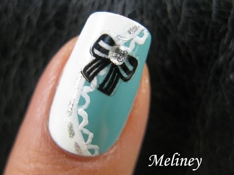 Blue Nails With White Lace Nail Art And 3d Bow Design