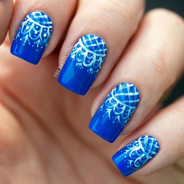 Blue Nails With White Lace Nail Design