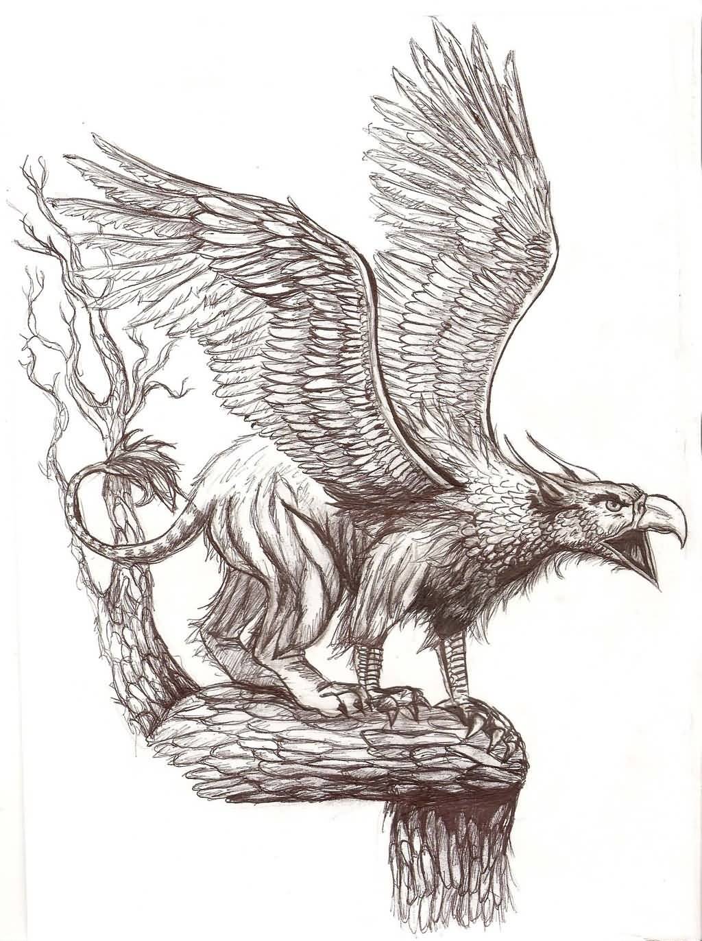 Breathtaking Griffin On Tree Tattoo Design