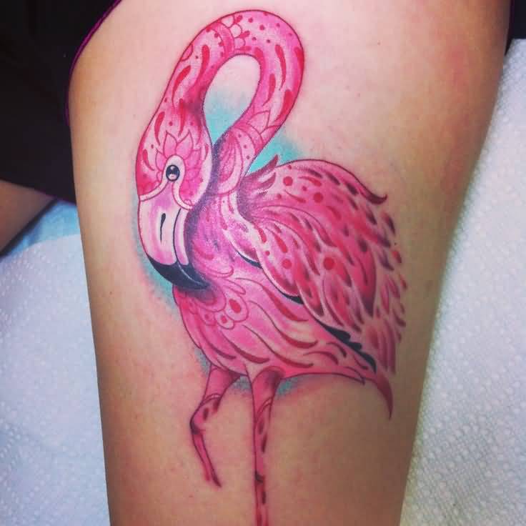 Bright Flamingo Tattoo On Leg