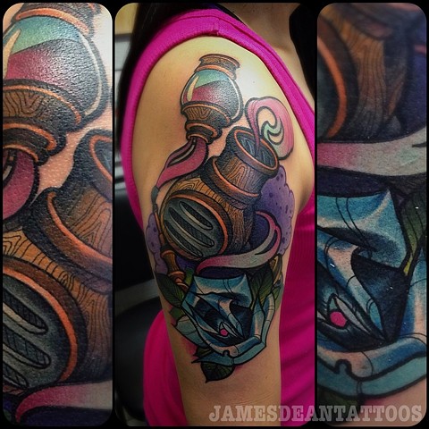 Brilliant Blow Dryer With Blue Flowers Tattoo On Half Sleeve For Girl