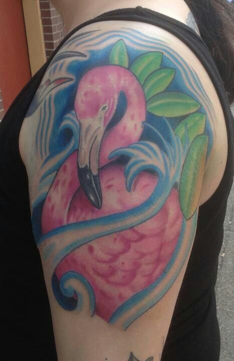 Brilliant Colorful Flamingo With Leaves And Blue Designs Tattoo on Half Sleeve