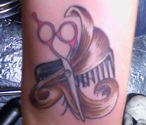 Brilliant Comb And Scissor With Some Brown Hair Tattoo