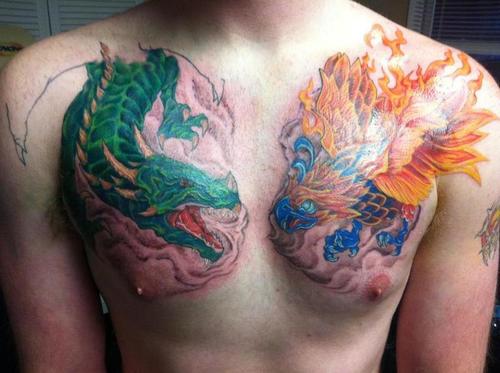 Brilliant Flaming Griffin With Green Ink Dragon Tattoo On Chest
