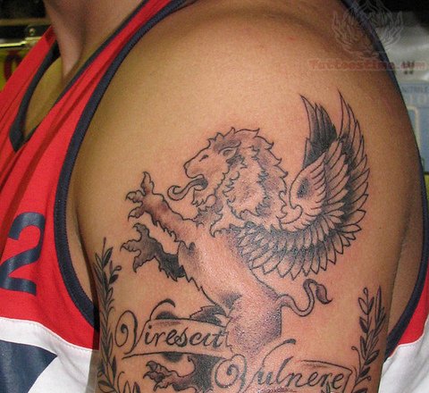 Brilliant Griffin Symbol With Leaves Tattoo On Shoulder By Viresat