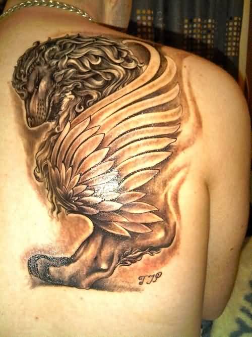 Brilliant Griffin Tattoo On Back Shoulder For Men