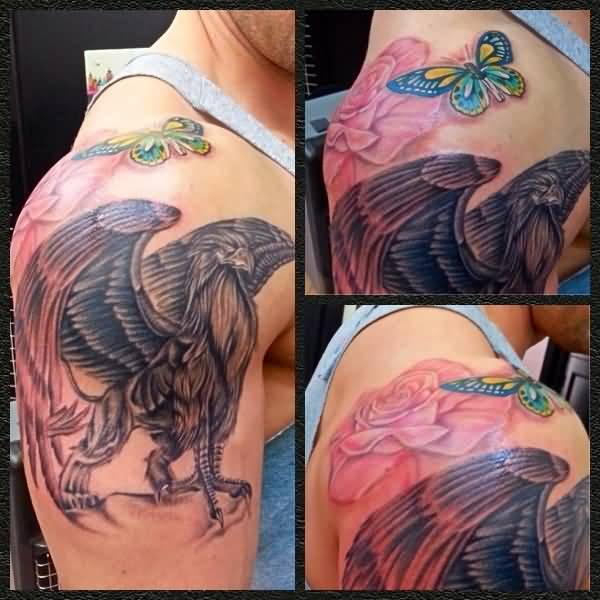 Brilliant Griffin With Red Rose And Flower Tattoo On Half Sleeve