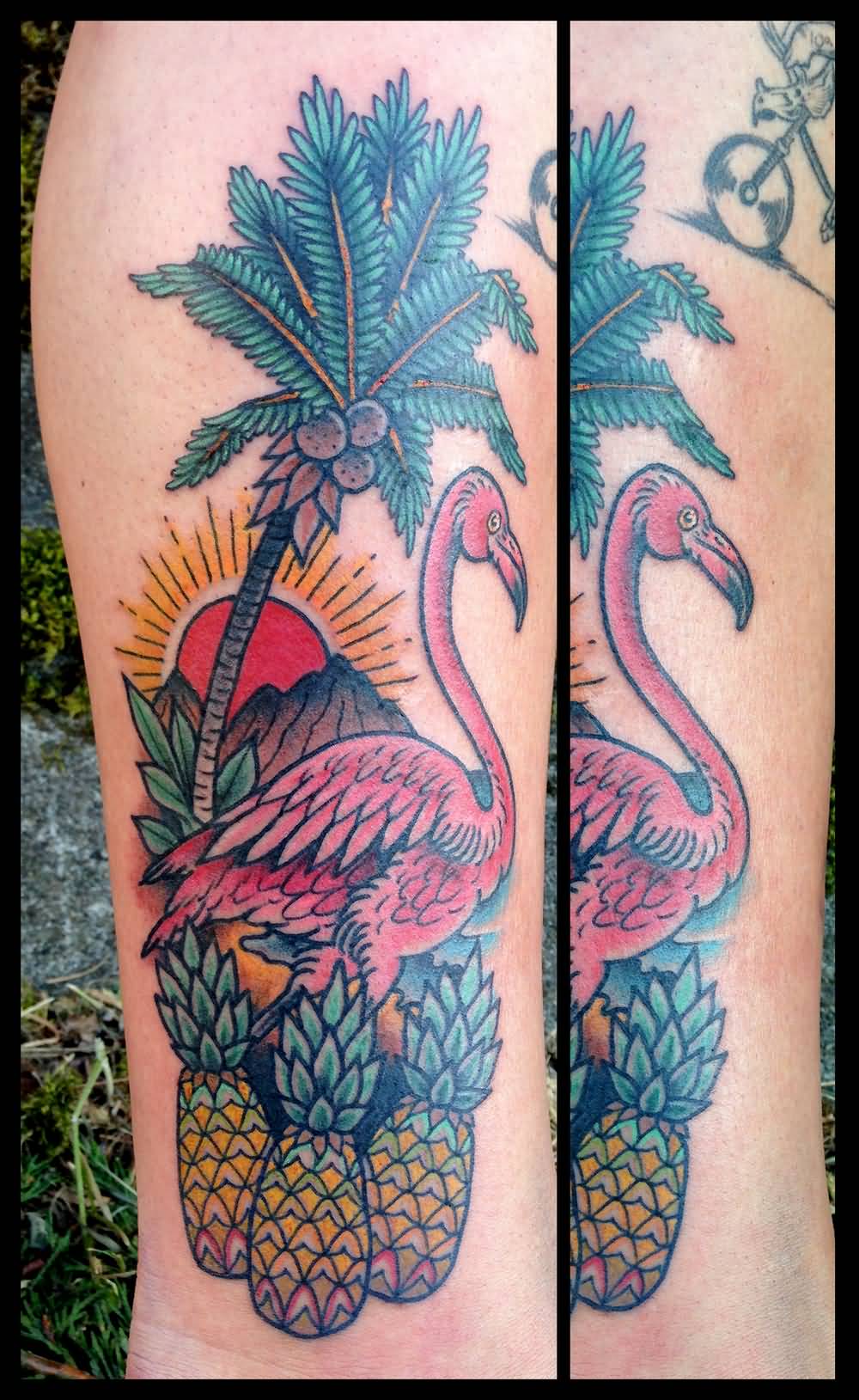 Brilliant Traditional Flamingo With Pineapple And Palm Tree Tattoo On Forearm