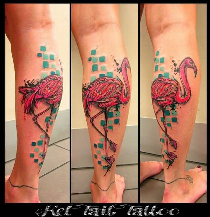 Brilliantly Designed Flamingo Tattoo On Back Leg