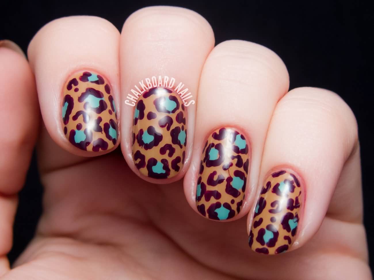 Brown And Blue Leopard Print Nail Art