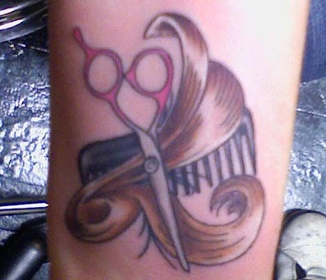 Brown Hair With Hair Comb And Scissor Tattoo