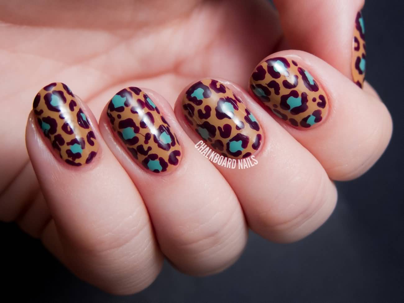 Brown Nails With Green Leopard Print Nail Design