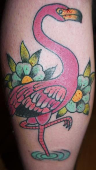 Color Flower With Flamingo Traditional Tattoo On Forearm