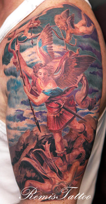 Colored Archangel Tattoo On Man Left Half Sleeve by Remis Tattoo