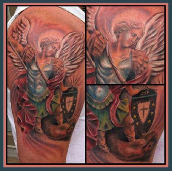 Colored Michael Archangel Tattoo On Shoulder