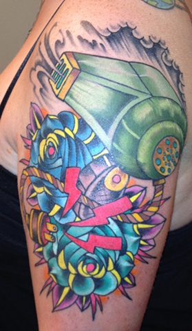 Colorful Blow Dryer With Blue Flowers Tattoo On Half Sleeve