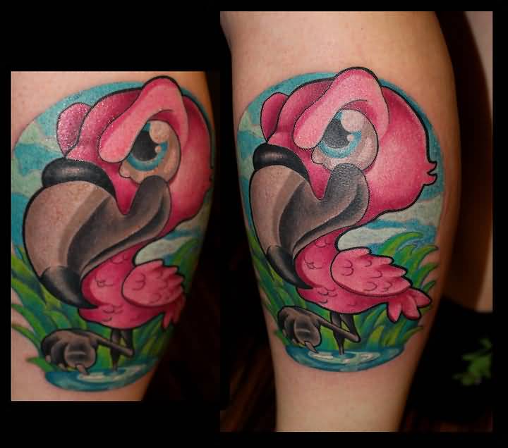 Colorful Cartoon Flamingo Baby Tattoo On Forearm