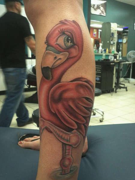 Colorful Cartoon Flamingo Tattoo On Leg