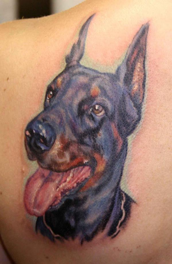 Colorful Doberman Tattoo On Left Side Of Back