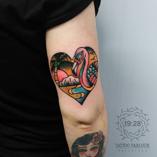 Colorful Flamingo In Heart Shape With Palm Tree Tattoo On Half Sleeve