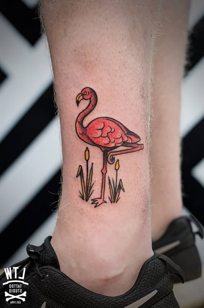 Colorful Flamingo Tattoo On Ankle