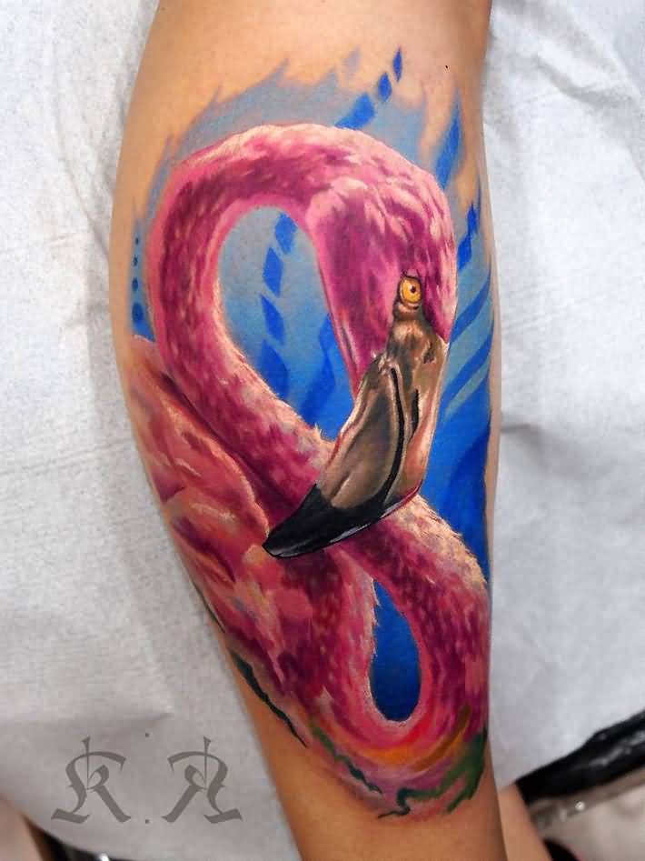 Colorful Flamingo Tattoo On Forearm