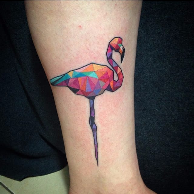 Colorful Flamingo Tattoo On Leg