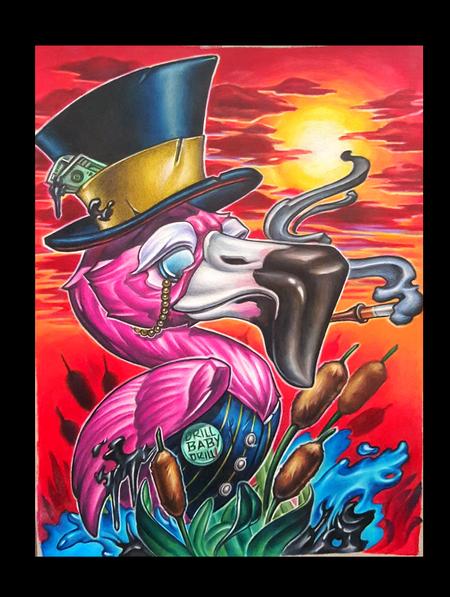 Colorful Flamingo Wearing Hat And Smoking Cigrattee With Nice Background Tattoo Design