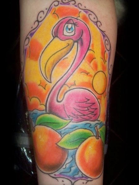 Colorful Flamingo With Apples In Beautiful Design Tattoo On Forearm