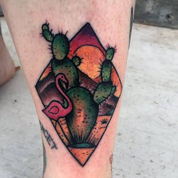 Colorful Flamingo With Cactus And Desert Sun Tattoo On Leg For Men