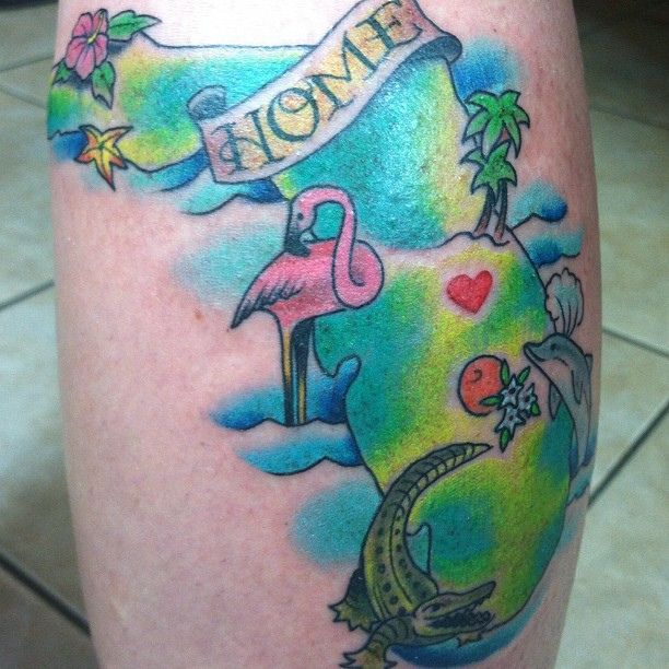 Colorful Flamingo With Crocodiles And Home Design Tattoo