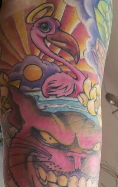 Colorful Flamingo With Evil Cat And Great Background Tattoo