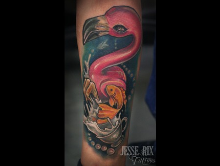 Colorful Flamingo With Fish And Cup Tattoo On Forearm